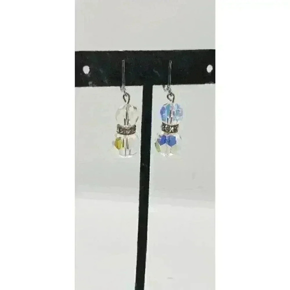 Vtg Earrings Clip Long Dangle Crystal Faceted AB Prism Balls Rhinestone Accent - Picture 8 of 8